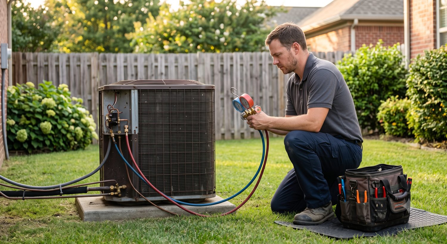 A1 Heating & Cooling technician performing air conditioner maintenance in High Point